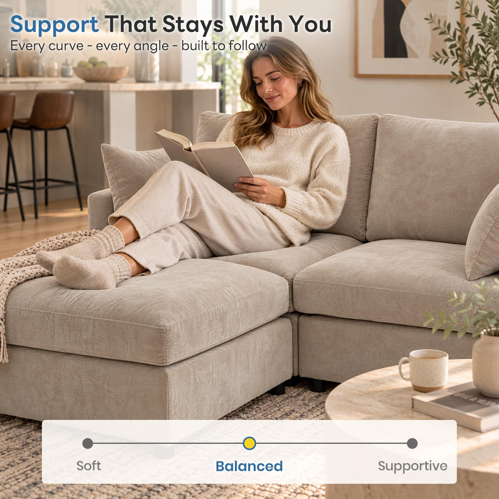 Sectional Cloud Couch, Spring Cushion Seating, L Shaped Convertible Modular Sofa with Ottoman, Khaki
