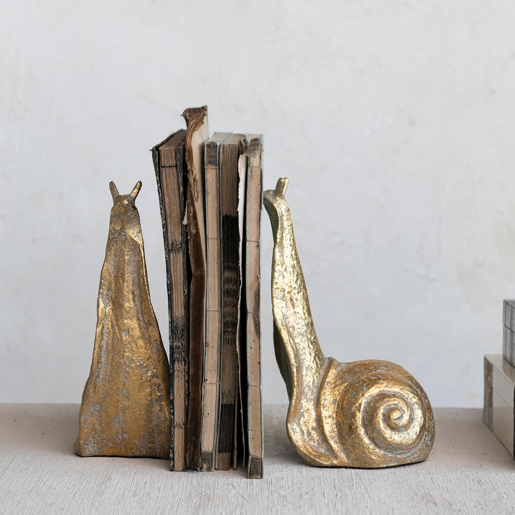 Decorative Distressed Cast Metal Snail Bookends, Gold