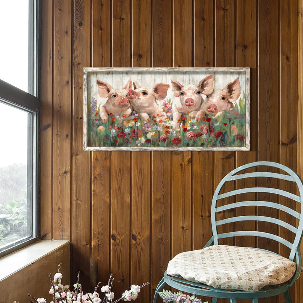 Pig Wooden Framed Wall Art: Rustic Farmhouse Artwork Funny Cute Pink Piggy Farm Animal Picture Print Countryside