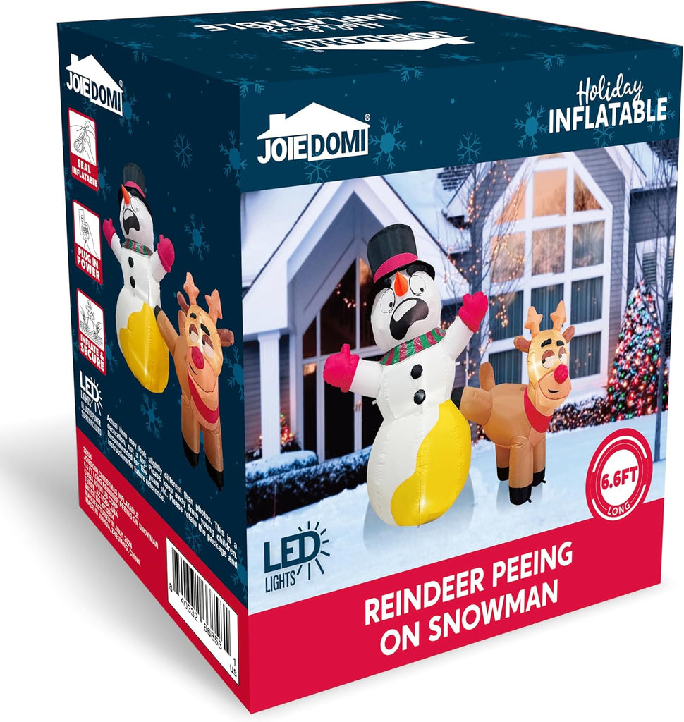 6.6 FT Long Christmas Inflatable Decoration Reindeer Peeing on Snowman, Blow Up Christmas Inflatables Outdoor