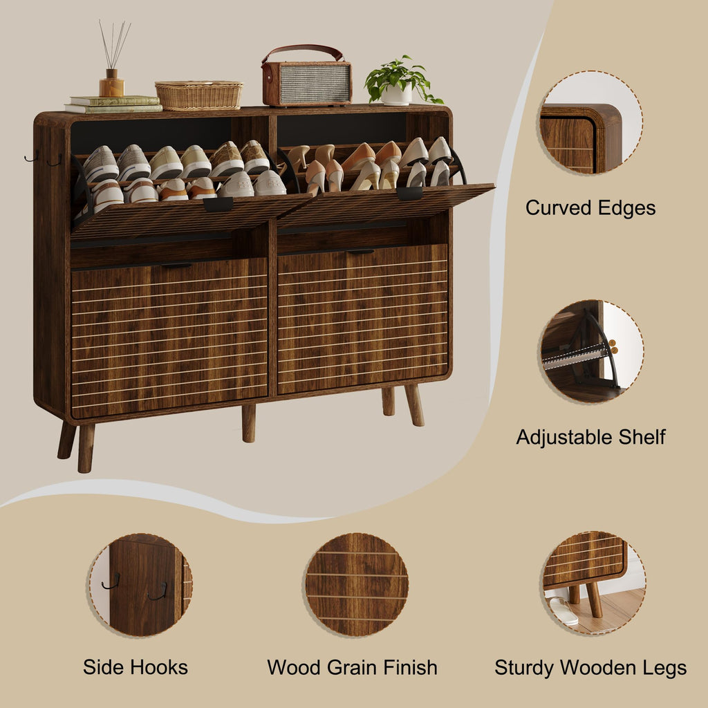 Fluted Shoe Storage Cabinet with 4 Flip Drawers, Walnut