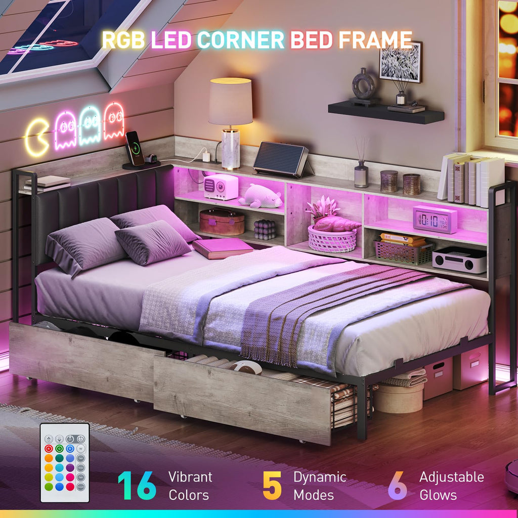 Twin Corner Bed Frame with Bookcase Storage and PU Upholstered, Twin Daybed with 2 Drawers and Charging Station