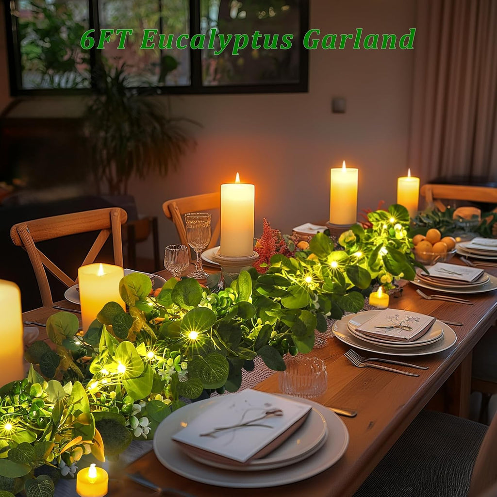 1 Pack Artificial Eucalyptus Garland with Lights, 6FT Artificial Greenery Summer Garlands, Battery Operated Twig Vine
