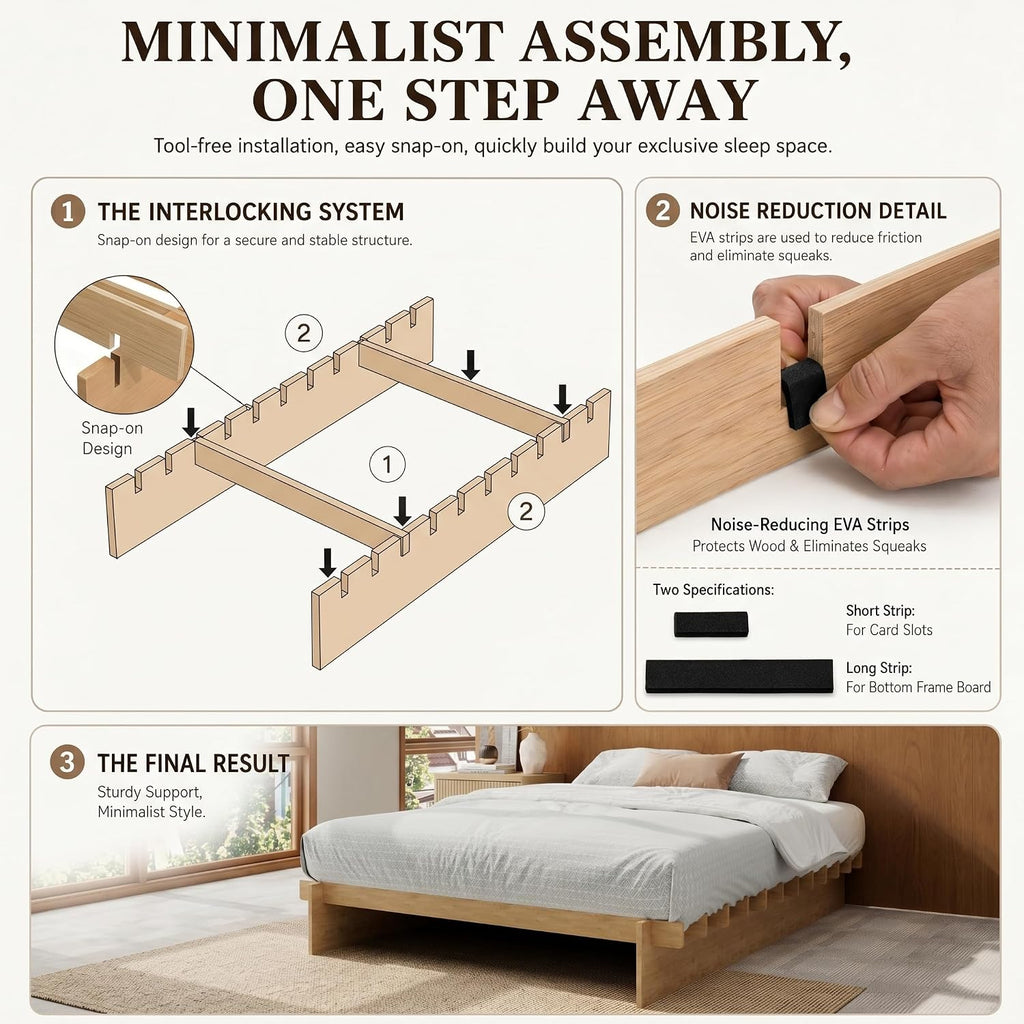 Japanese Platform Bed Frame with Wooden Slats, Easy Assembly