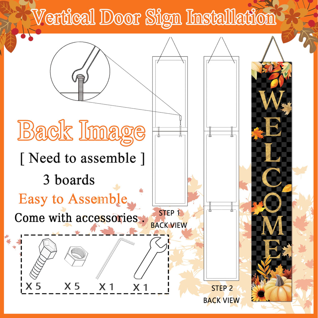Fall Wooden Porch Sign 47" Autumn Pumpkin Maple Leaf Front Door Welcome Sign Vertical Standing Sign For Garden Home
