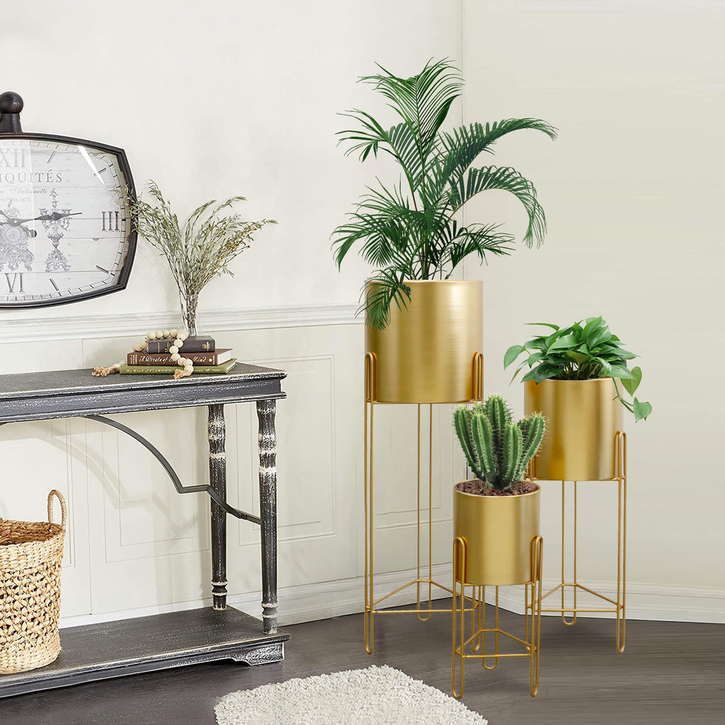 Set of 3 Large Planters with Stand Gold Planter for Indoor Plants 29 &22 &12" Tall Morden Metal Plant Pots Corner