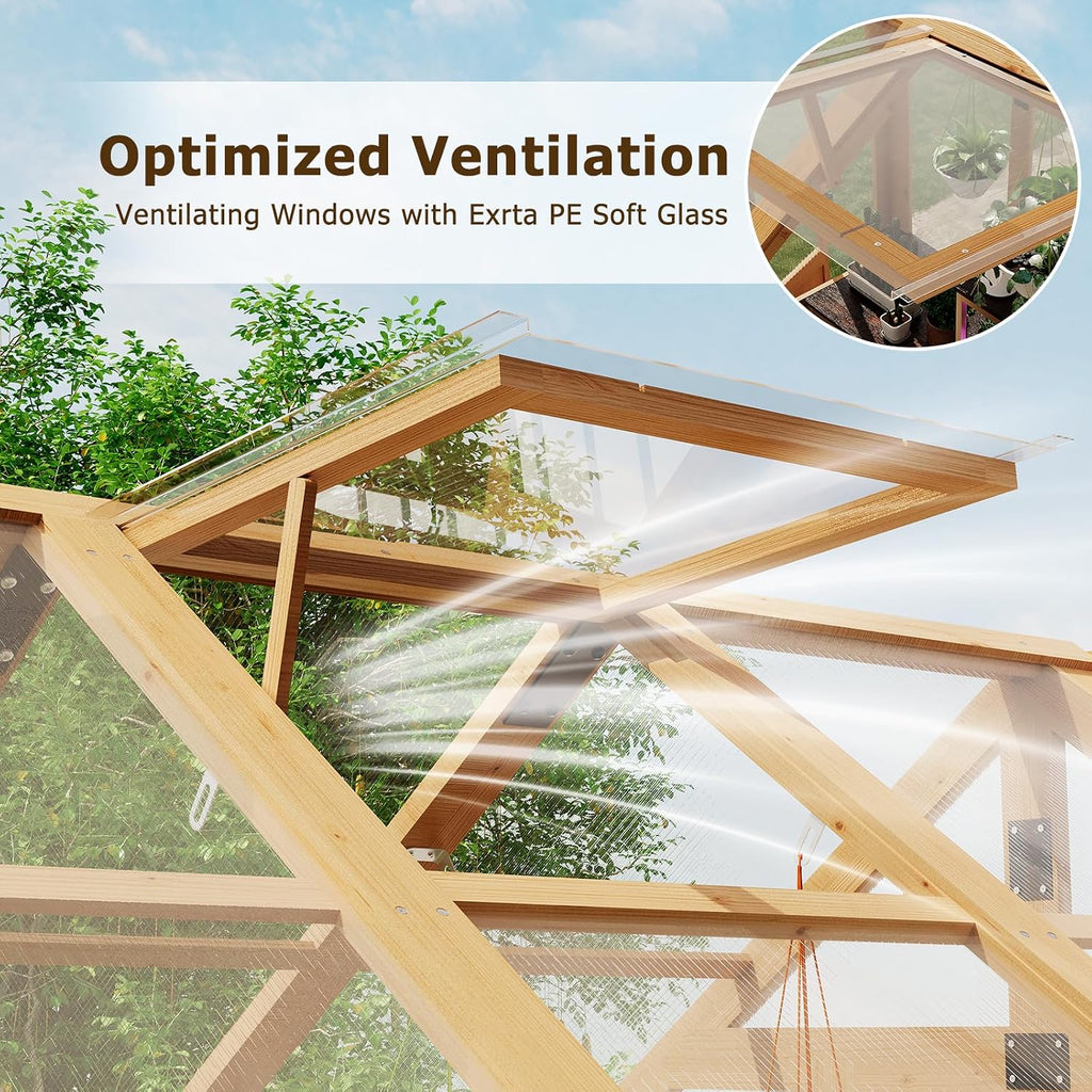 6x8 FT Wooden Greenhouse for Outdoors, Walk-in Greenhouse Kit with 4mm Polycarbonate Panels, Adjustable Roof Vent and