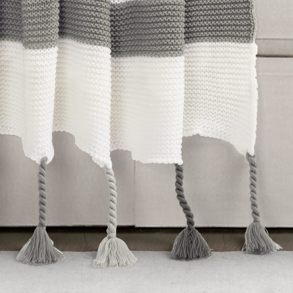 Boho Knitted Braided Tassel Throw Blanket, 60" x 50", Gray