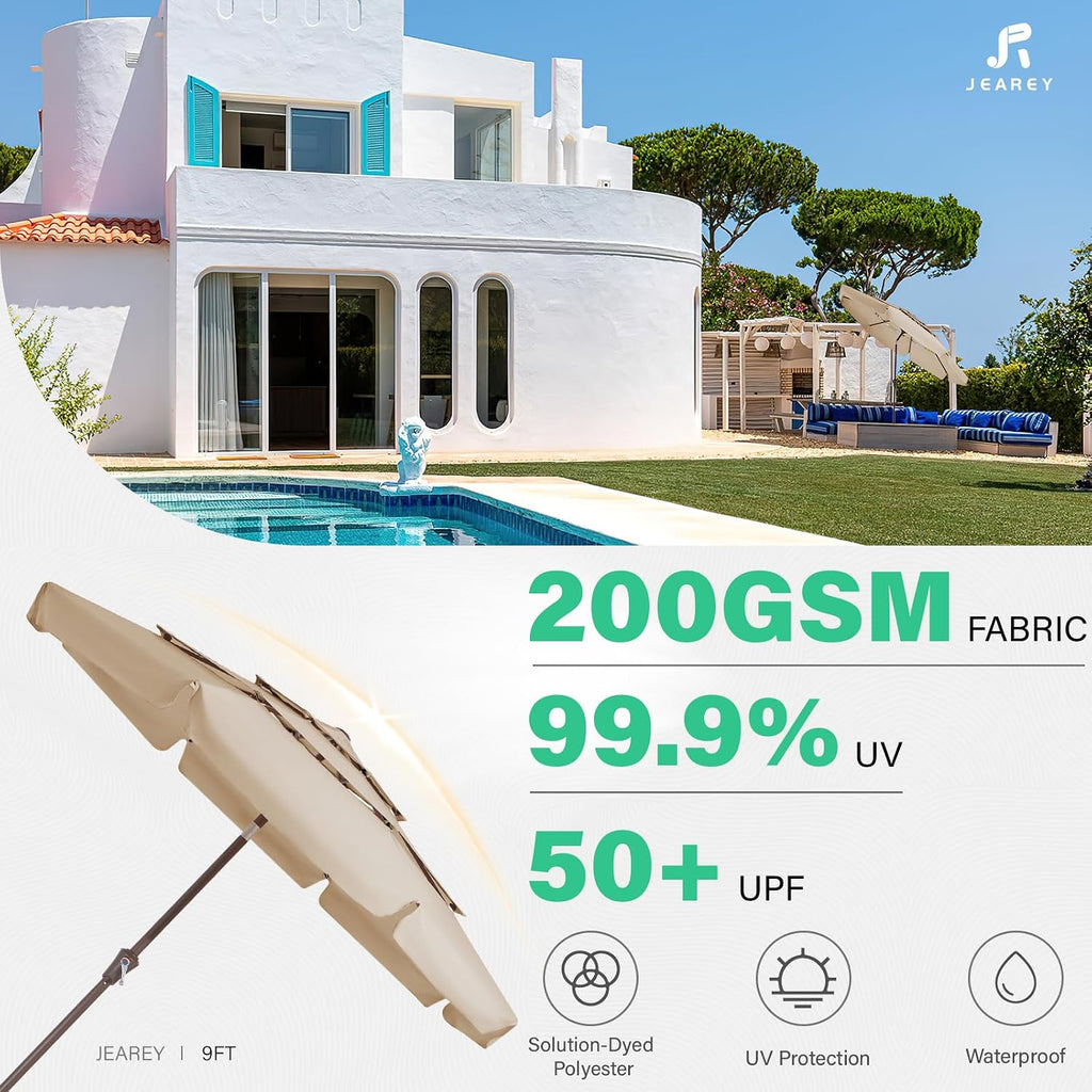 3 Tiers 9 FT Patio Umbrellas Outdoor Table Umbrella with Push Button Market Umbrella 8 Sturdy Ribs UV Protection - Beige