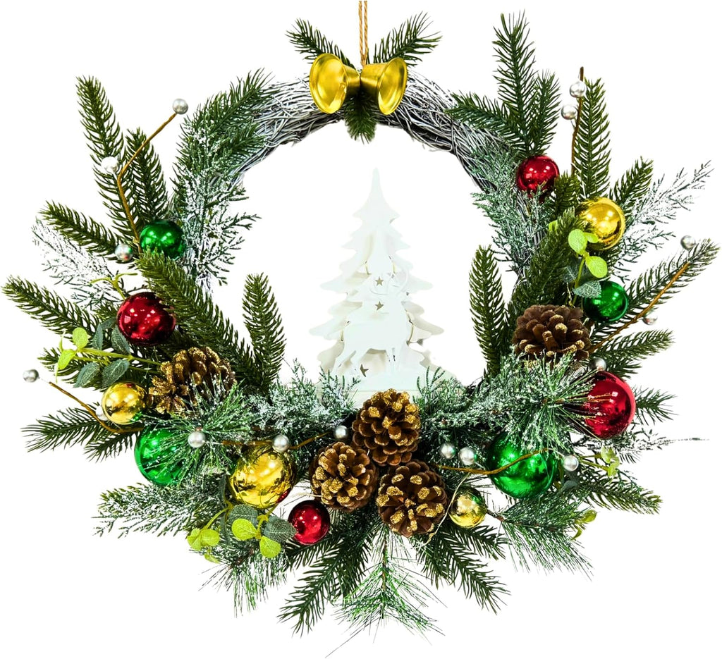 Pre-Lit Flocked Christmas Wreath with Reindeer 20 LEDs and Timer