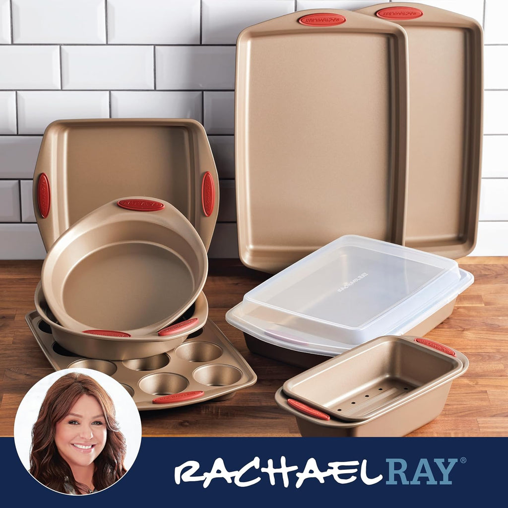 Cucina Nonstick Bakeware Pans Set, Latte Brown and Cranberry Red, Dishes, 10-Piece