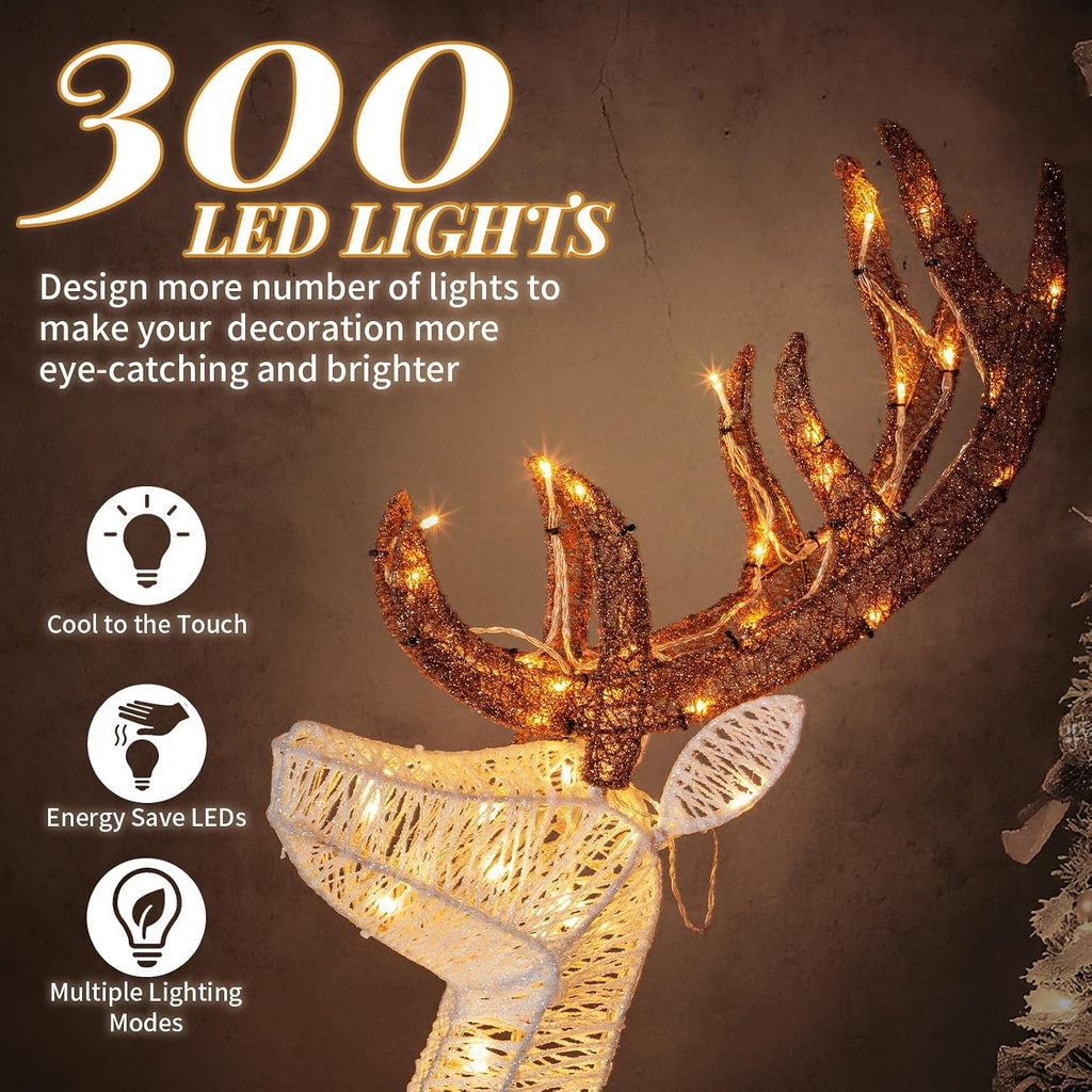 5FT 3D Lighted Outdoor Christmas Deer Family Set, 3- Piece Christmas Reindeers with 280 Warm LED Lights, Yard