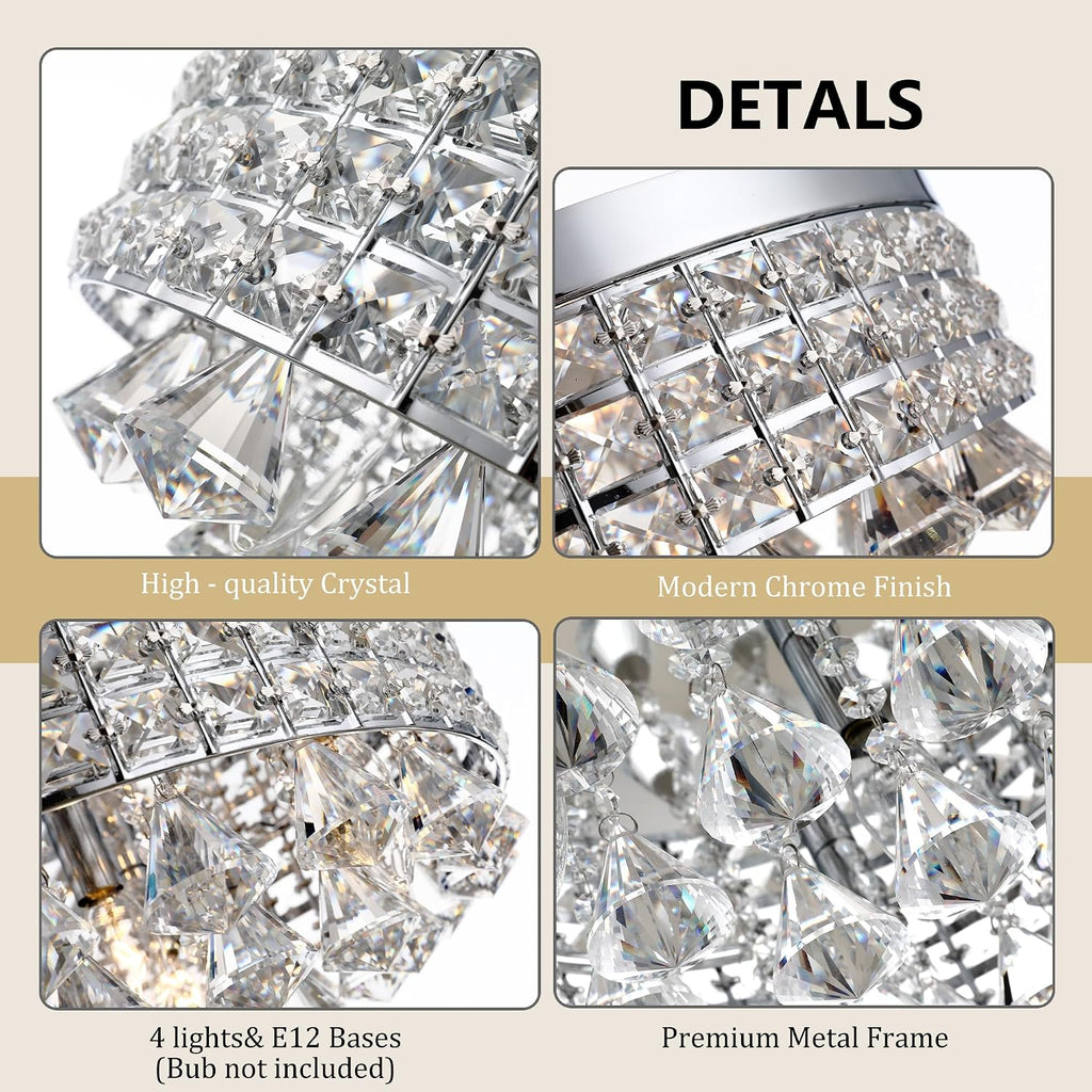4 Lights Crystal Chandelier, Modern Drum Ceiling Light Fixture Lamp, Raindrop Flush Mount Round Metal Shade, for