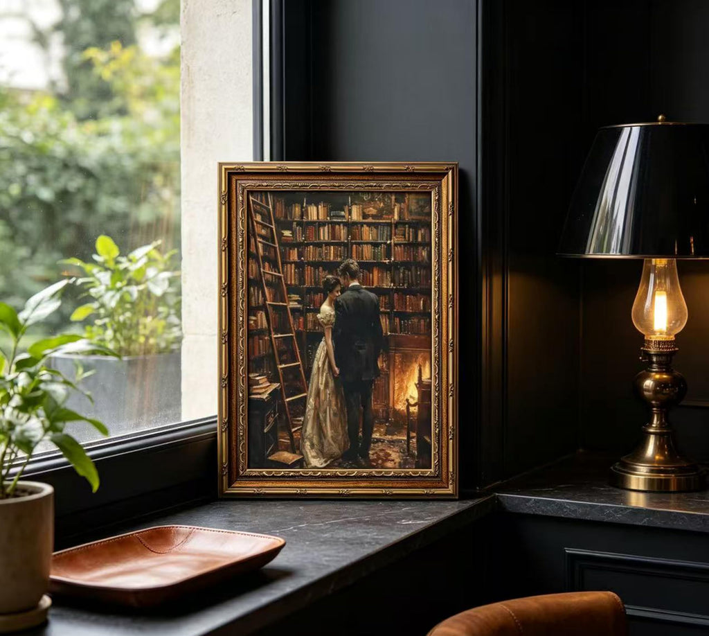 Vintage Gold Framed Library Couple Wall Art, Dark Academia Romantic Canvas Print, Moody Romantic Victorian Library