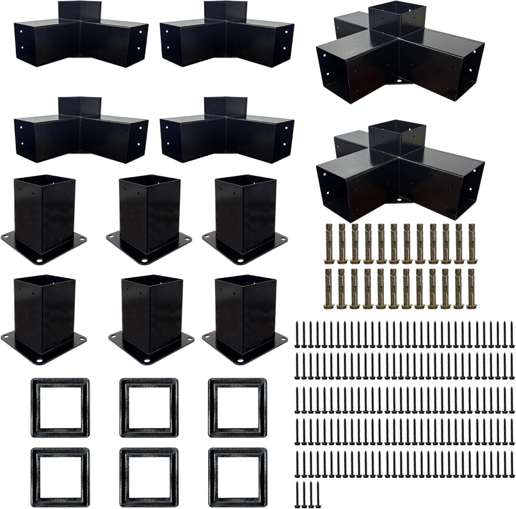 Pergola Kit with 3-Way Brackets & 4-Way Corner Brackets for 4"x 4" (Actual 3.6" X 3.6") Lumber, Heavy Duty Iron Gazebo Bracket Kits Suitable for Pergolas, Gazebos Includes Metal Base, Screws