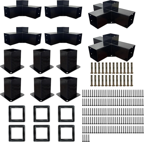 Pergola Kit with 3-Way Brackets & 4-Way Corner Brackets for 4"x 4" (Actual 3.6" X 3.6") Lumber, Heavy Duty Iron Gazebo Bracket Kits Suitable for Pergolas, Gazebos Includes Metal Base, Screws