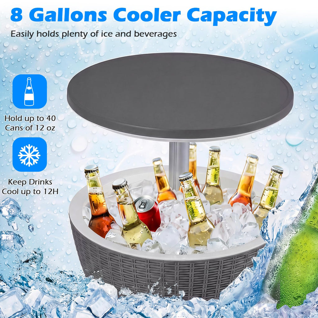 Outdoor Cooler Table, Multi-Functional Cooler Bar Table, Adjustable Height Ice Cooler Side Table w/Drain Plug, 8