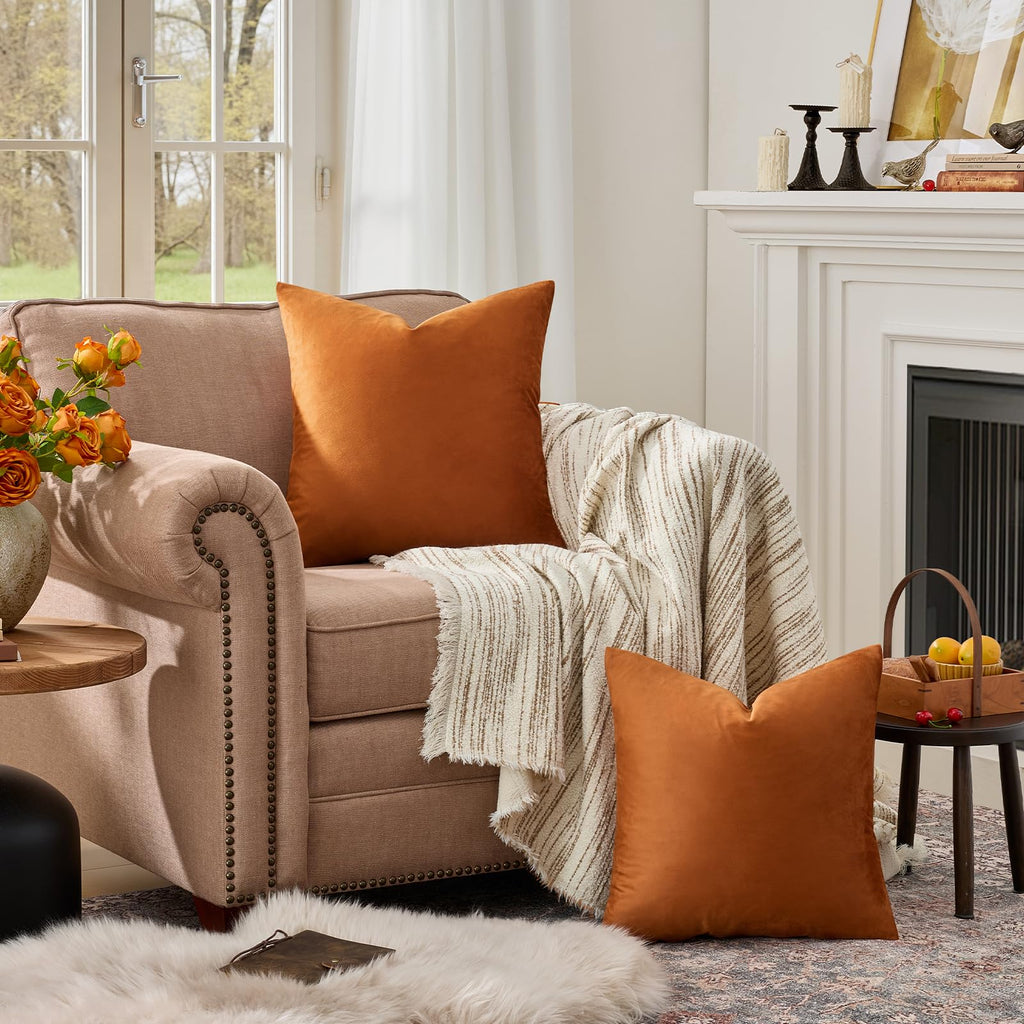 Burnt Orange Velvet Throw Pillow Covers 22x22 Pack of 2