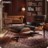 Mid-Century Modern Lounge Chair & Ottoman — Premium Top-Grain Leather, Walnut Base, Extended Chaise