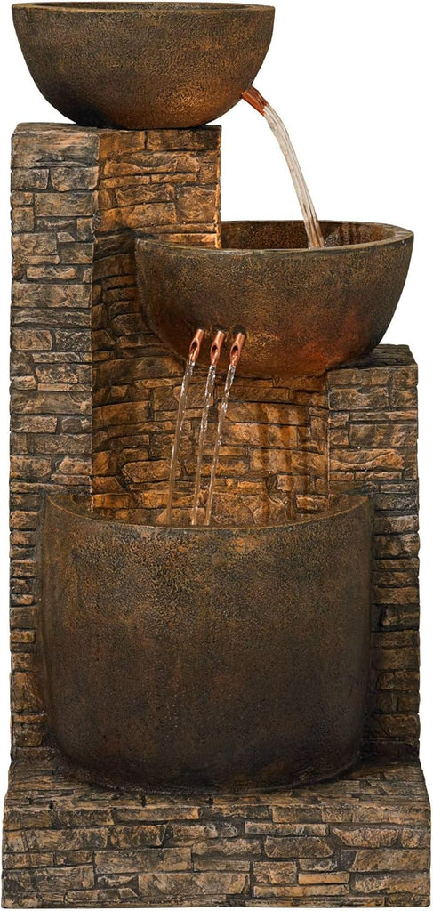 Mason 35" High Large Rustic Indoor Outdoor Decor Faux Stone Floor Fountain with Light LED Bowl Standing Tiered