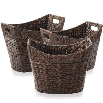 Set of 3 Stackable Oval Laundry Baskets with Handles - Espresso, Woven Water Hyacinth Storage Totes for Throw