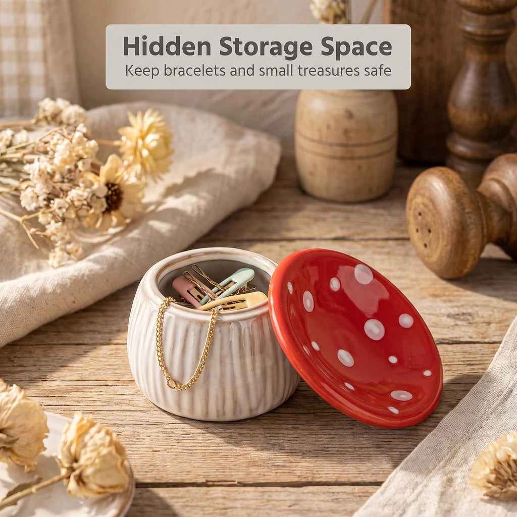Mushroom Ceramic Jewelry Ring Holder Dish 2-Piece Ring Trinket Storage Jar