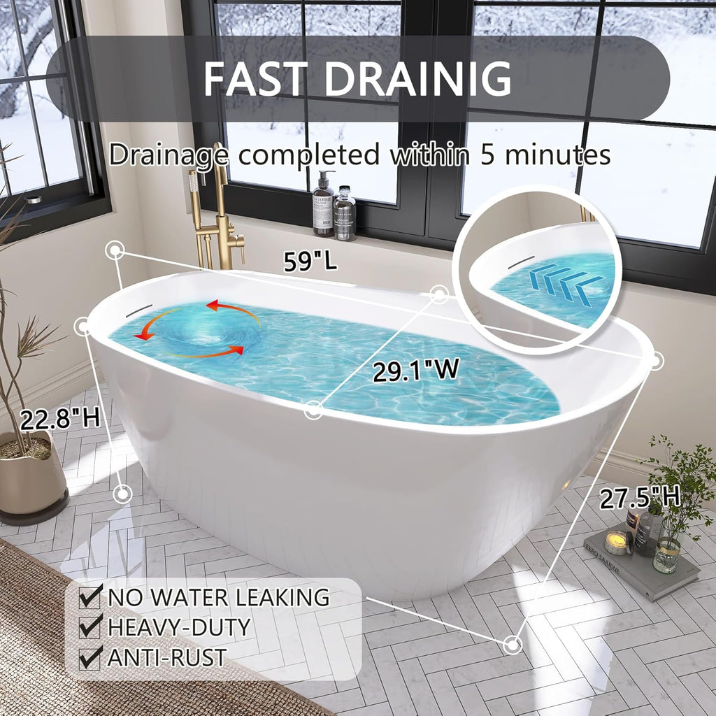 59" Free Standing Tub, Pure Acrylic Freestanding Bathtub, Stylish Stand Alone Contemporary Deep Soaking Bath Tub