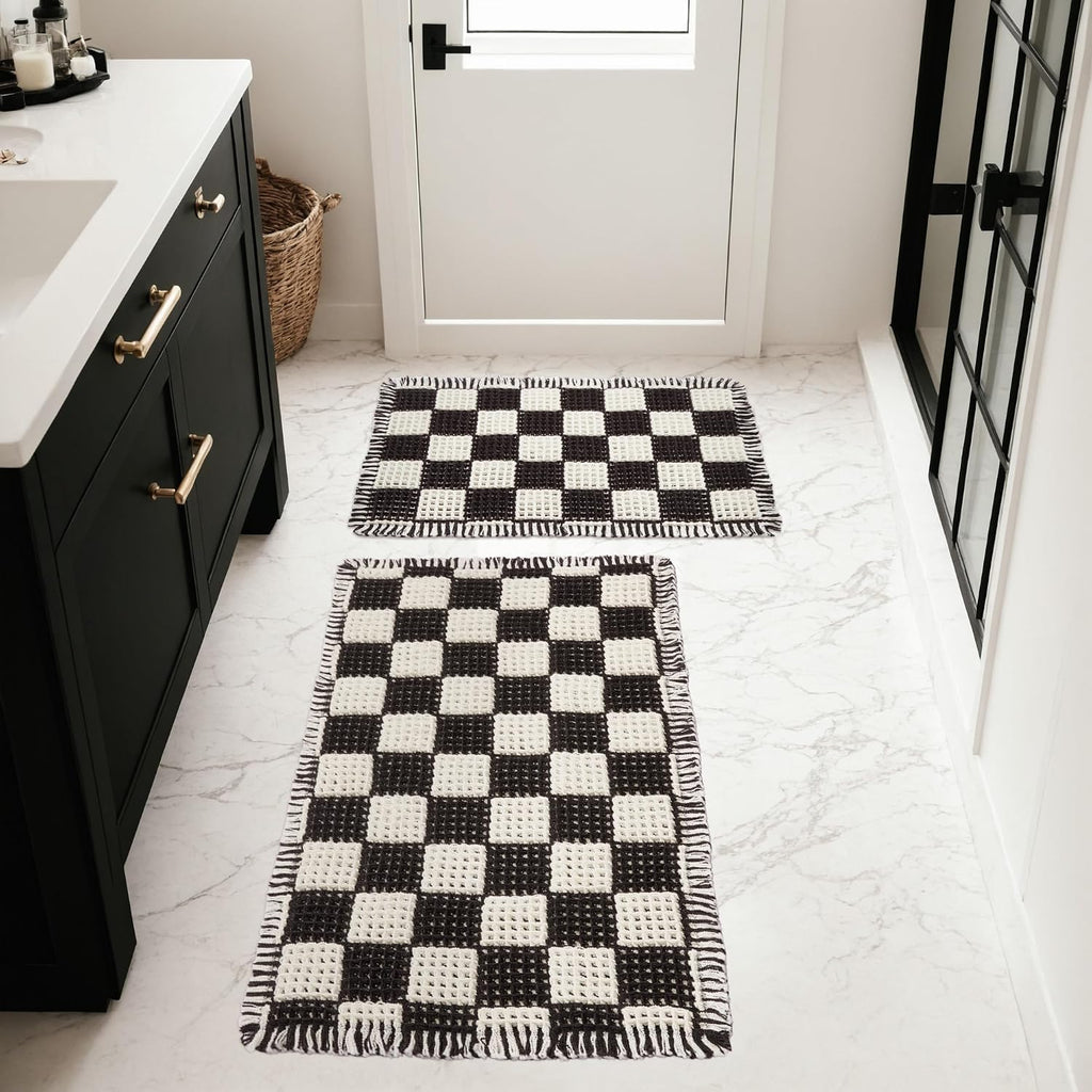 2 Piece Waffle Bathroom Rugs Checkered Bath Mat Set (17"x24" & 18"x30"), Black and White Weave Bathroom Rugs with