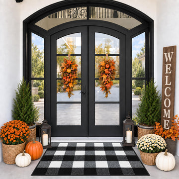 Fall Decor Buffalo Plaid Outdoor Rug 24" x 36", Non-Slip Black and White Checkered Door Mat, Machine Washable