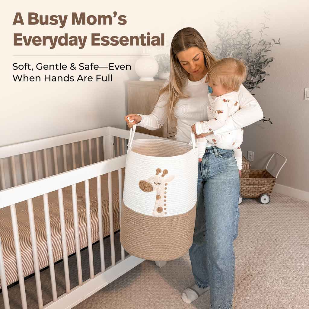 Giraffe Baby Laundry Basket, Tall Woven Rope Nursery Hamper, 20x15 in
