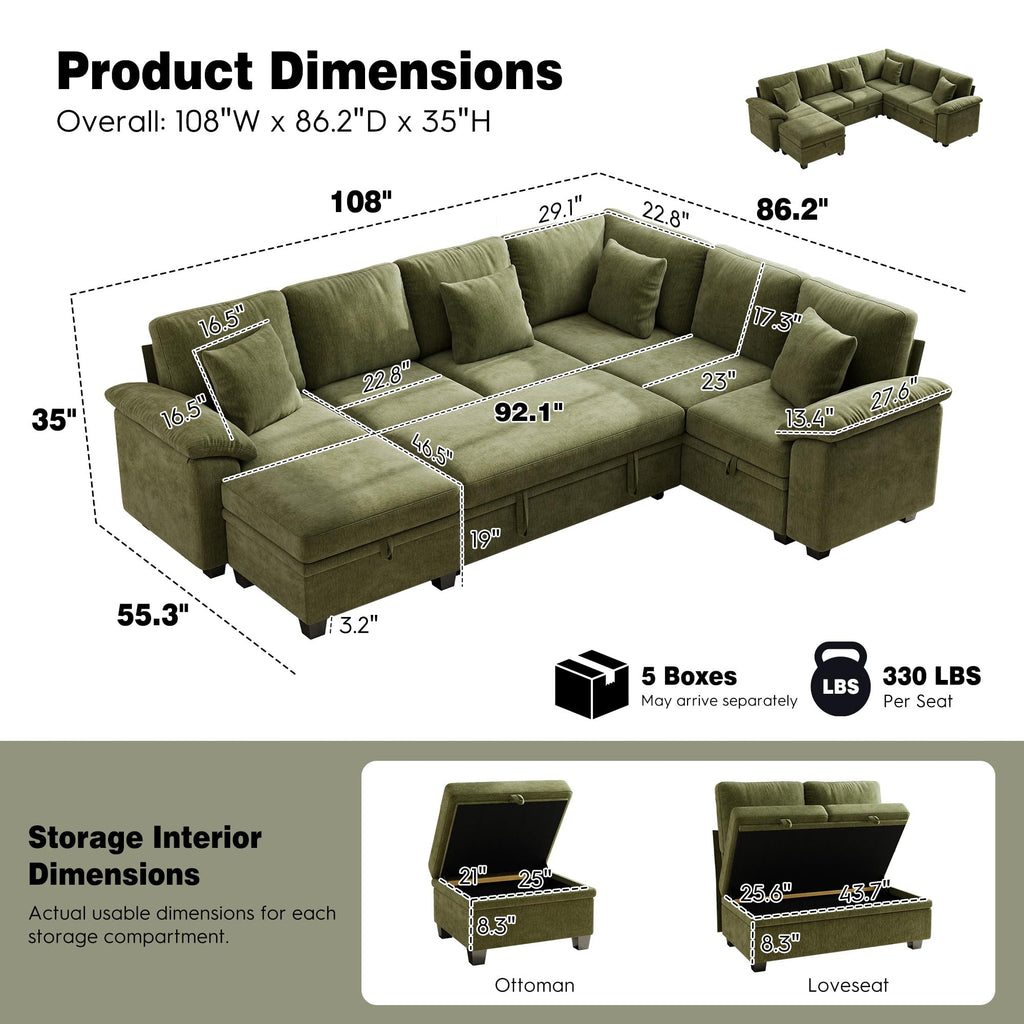 108" Modular Sectional Sofa with Pull Out Bed, 7-Seater L Shaped Sectional Sleeper Couch with Storage, Chenille
