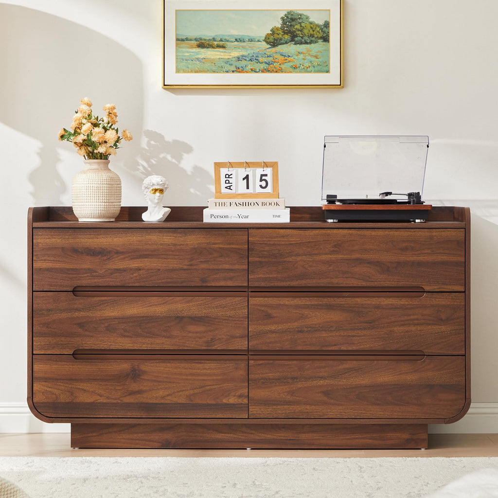 Curved 6 Drawer Dresser, Modern 53-Inch Chest of Drawers, Wood Storage Dresser Organizers with Hidden Handles, 6