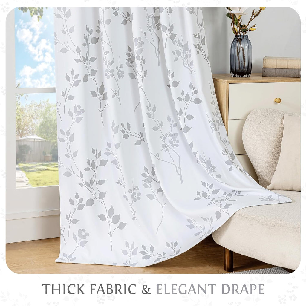 Floral 100% Blackout Curtains 84 Inches Long 2 Panels for Bedroom Living Room Grey White Flower Patterned Room