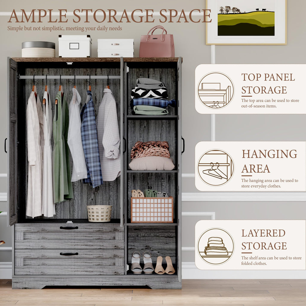 62" Wooden Armoire Wardrobe Closet with Mirror, Grey, 3 Doors