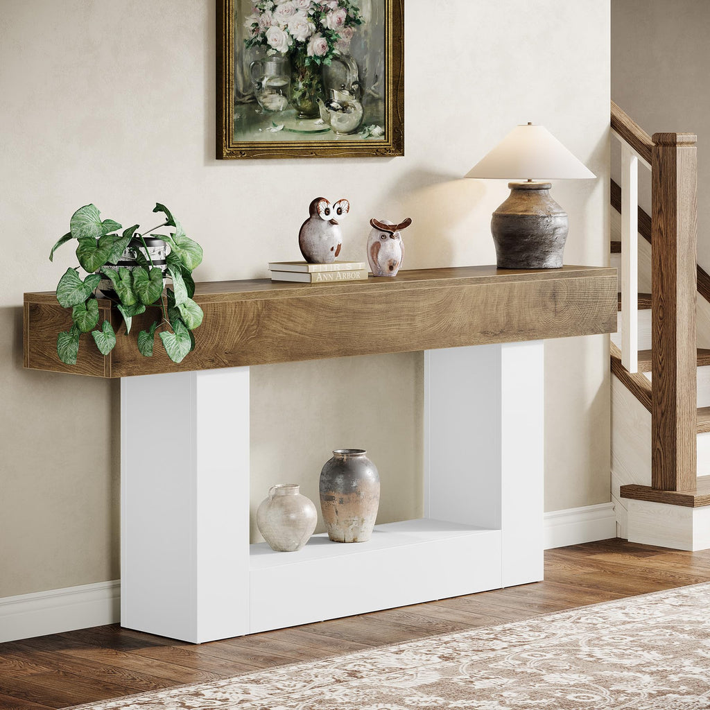 63" Console Table, Farmhouse 2-Tier Entryway Table with U-Shaped Base, Narrow Long Wood Sofa Table Behind Couch Table