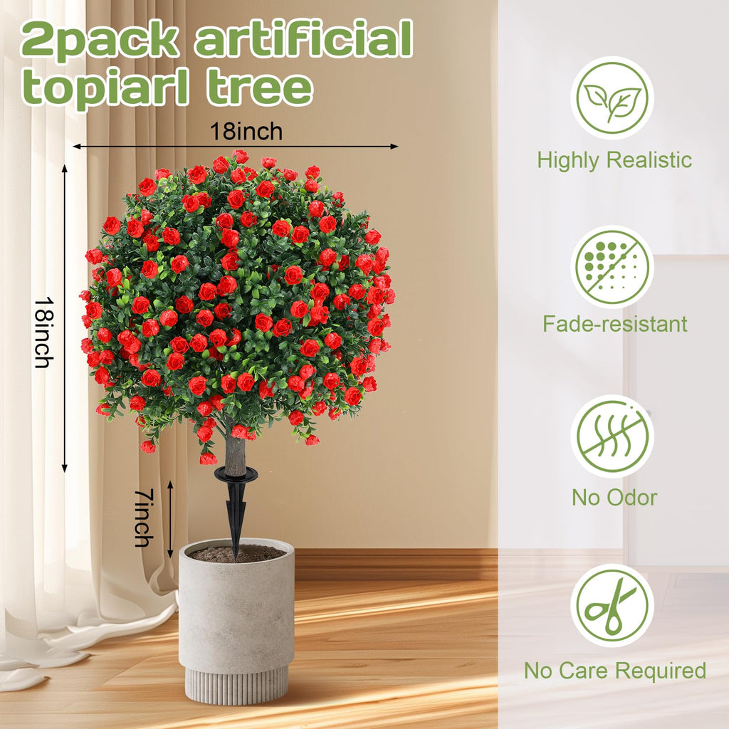 Set of 2 Artificial Red Rose Topiary Ball Tree, 25" with Ground Spike