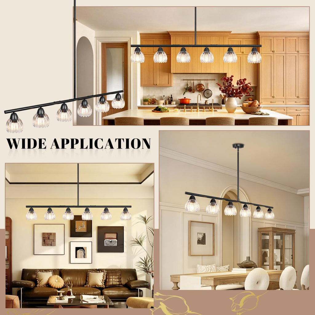 Black Linear Chandelier 6 Lights Island Lights with Clear Flower Shade