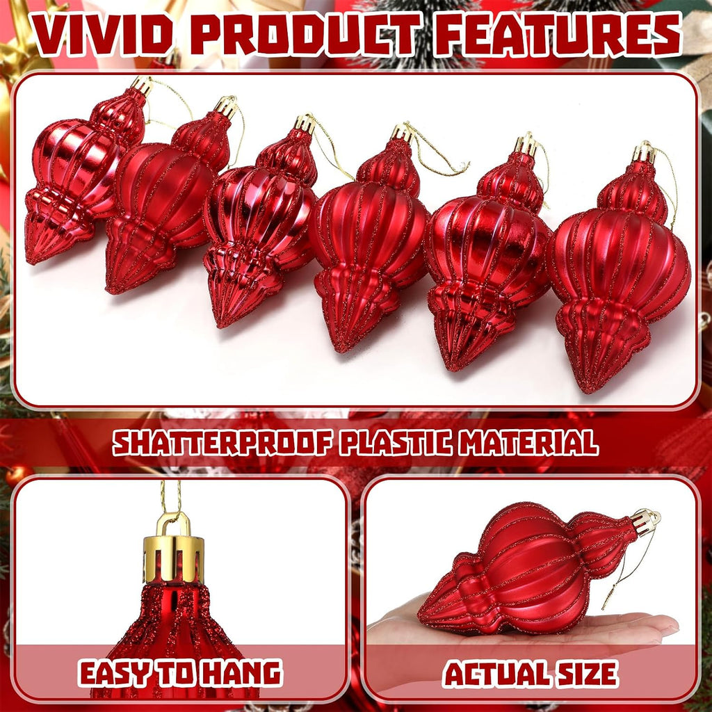 Red 8 Pcs 5.1 Inch Vintage Shatterproof Finial Christmas Ornaments
