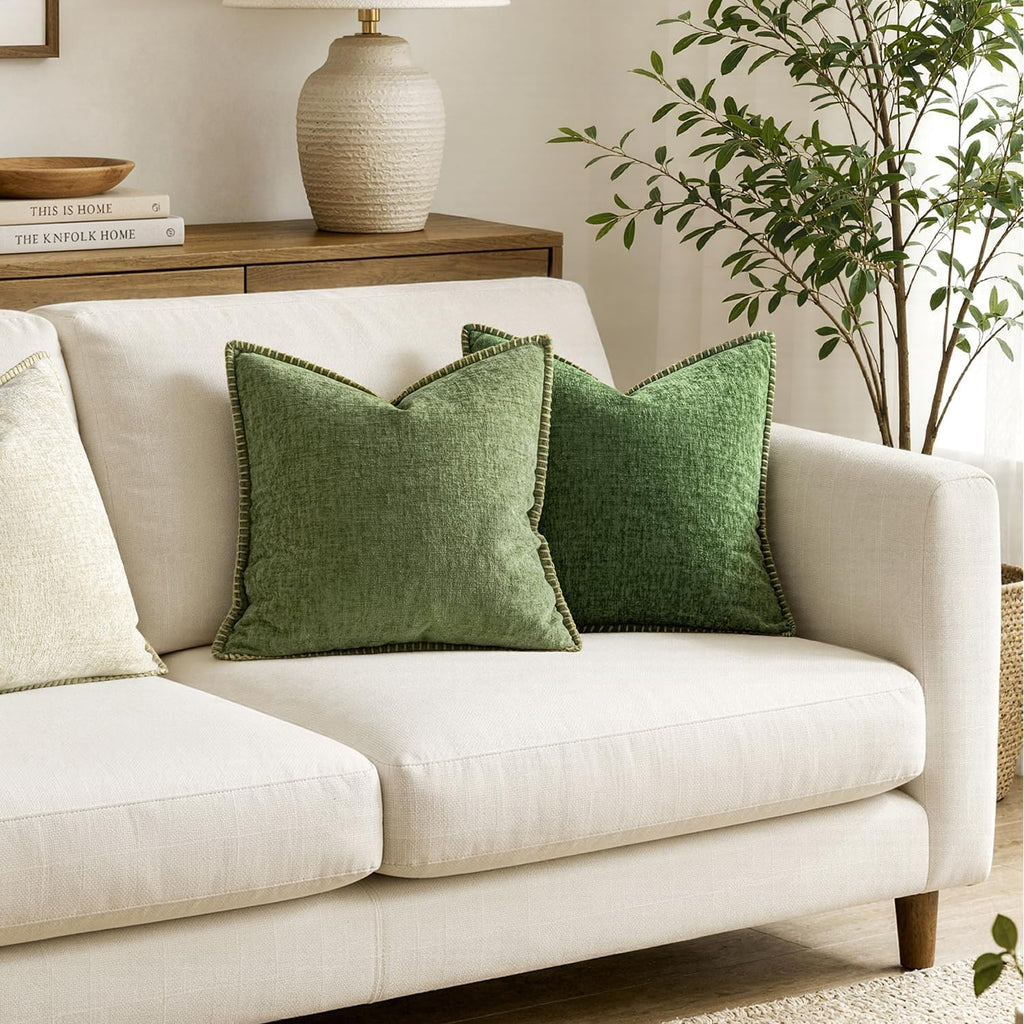 Pack of 2 Couch Throw Pillow Covers 18x18 Inch Sage Green Farmhouse Decorative Pillow Covers with Stitched Edge Soft