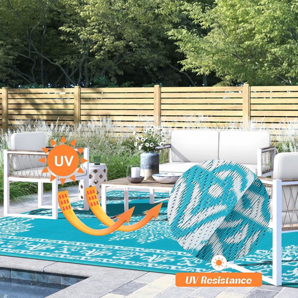 Outdoor Rug Waterproof Plastic Straw Outdoor Patio Rug, Teal