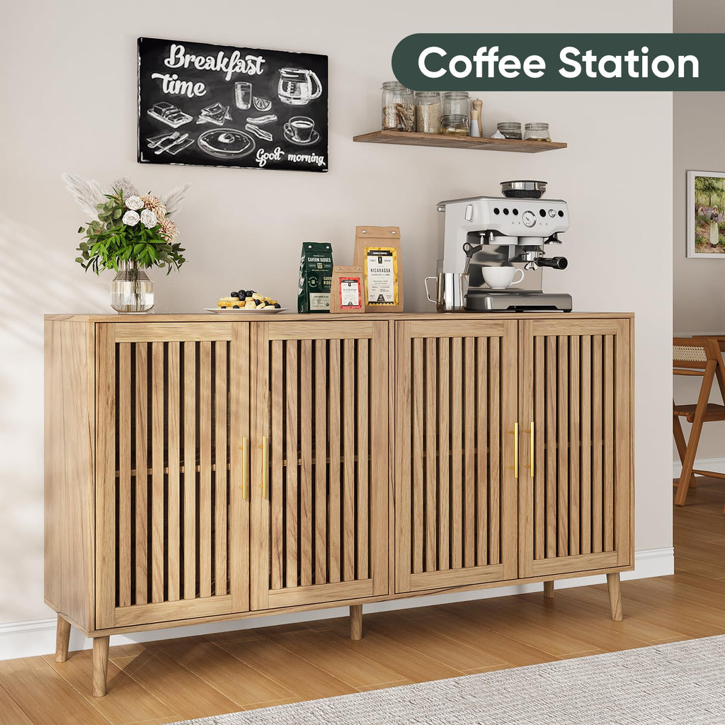 63" Long Sideboard Buffet with 4 Slatted Doors, Farmhouse Buffet Storage Cabinet with Adjustable Shelves, Coffee Bar