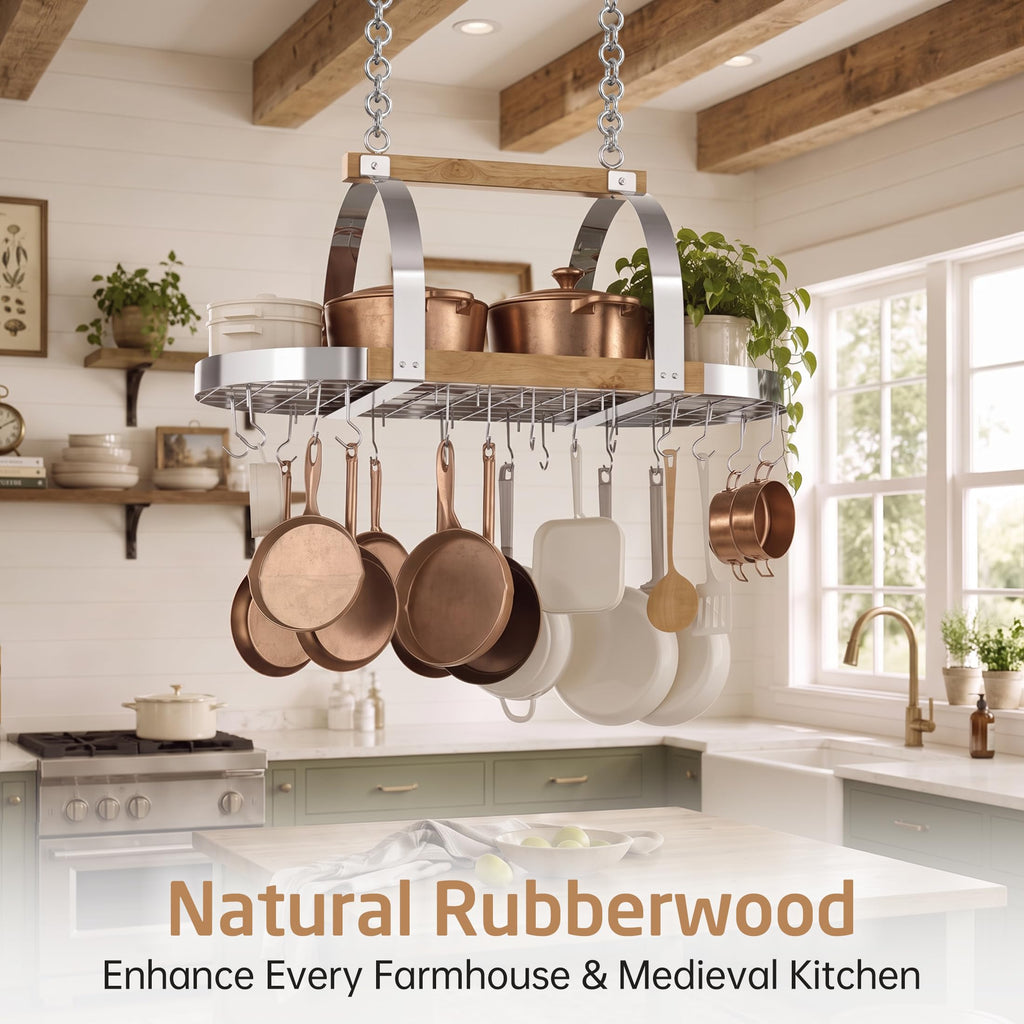 Natural Rubberwood 39 Inch Large Hanging Pot Rack, 130 LBS Capacity