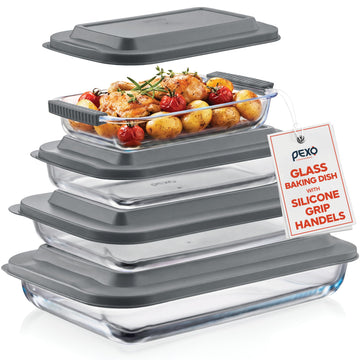 8 Piece Glass Baking Dish Set with Lids, BPA Free, With Easy Grip Slide On Silicone Handles (1.06QT, 1.69QT, 2.32QT