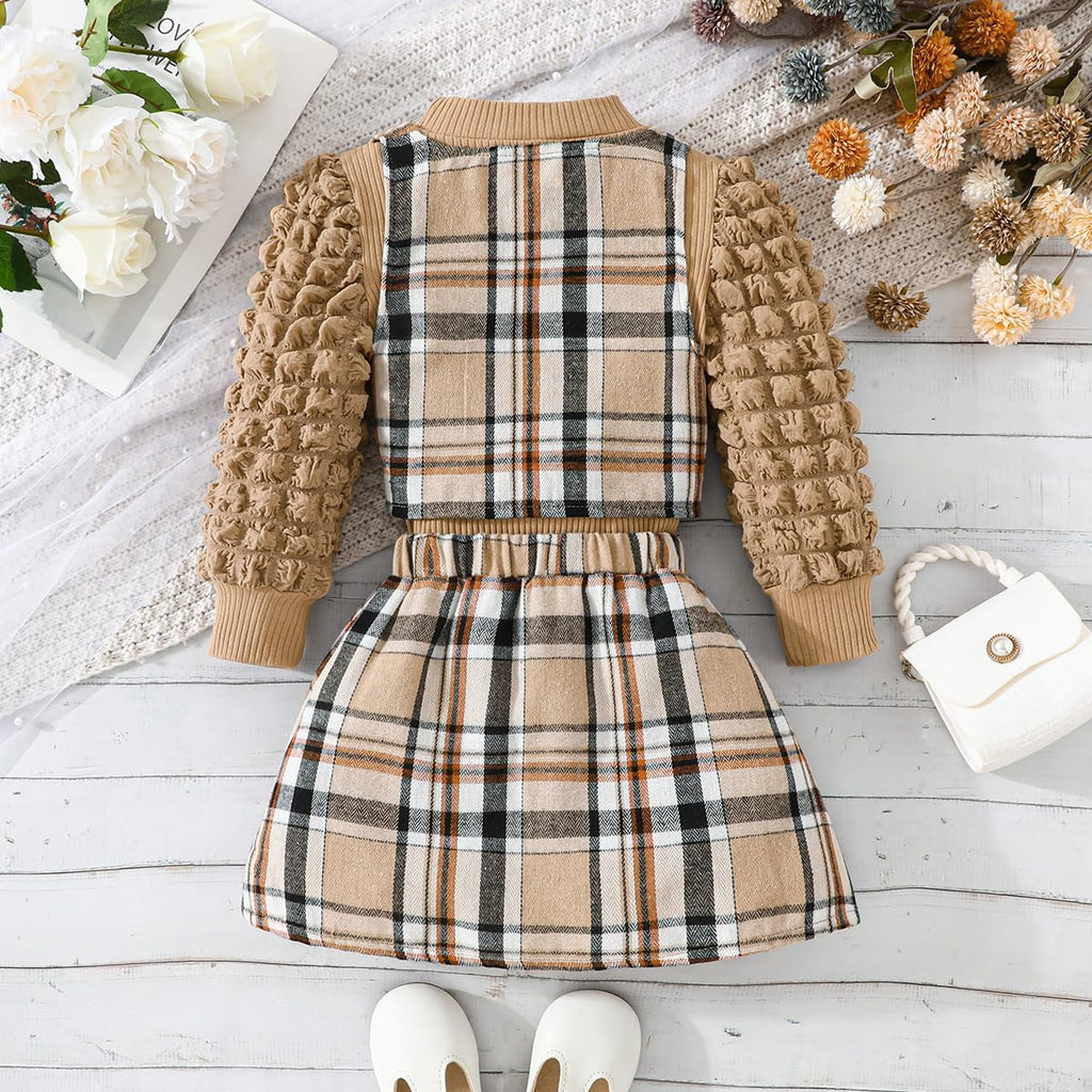 Toddler Girls Fall Winter Outfits Girls Puff Sleeve Knit Ribbed Tops Button Down Vest Plaid Skirt Set Fall Clothes