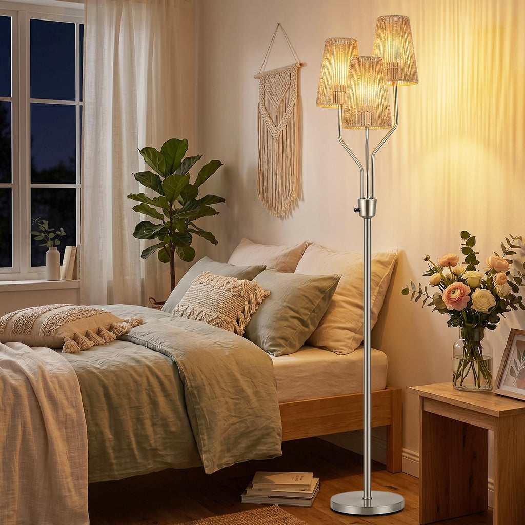 Boho Floor Lamp, Farmhouse Rattan 3-Light Floor Lamp