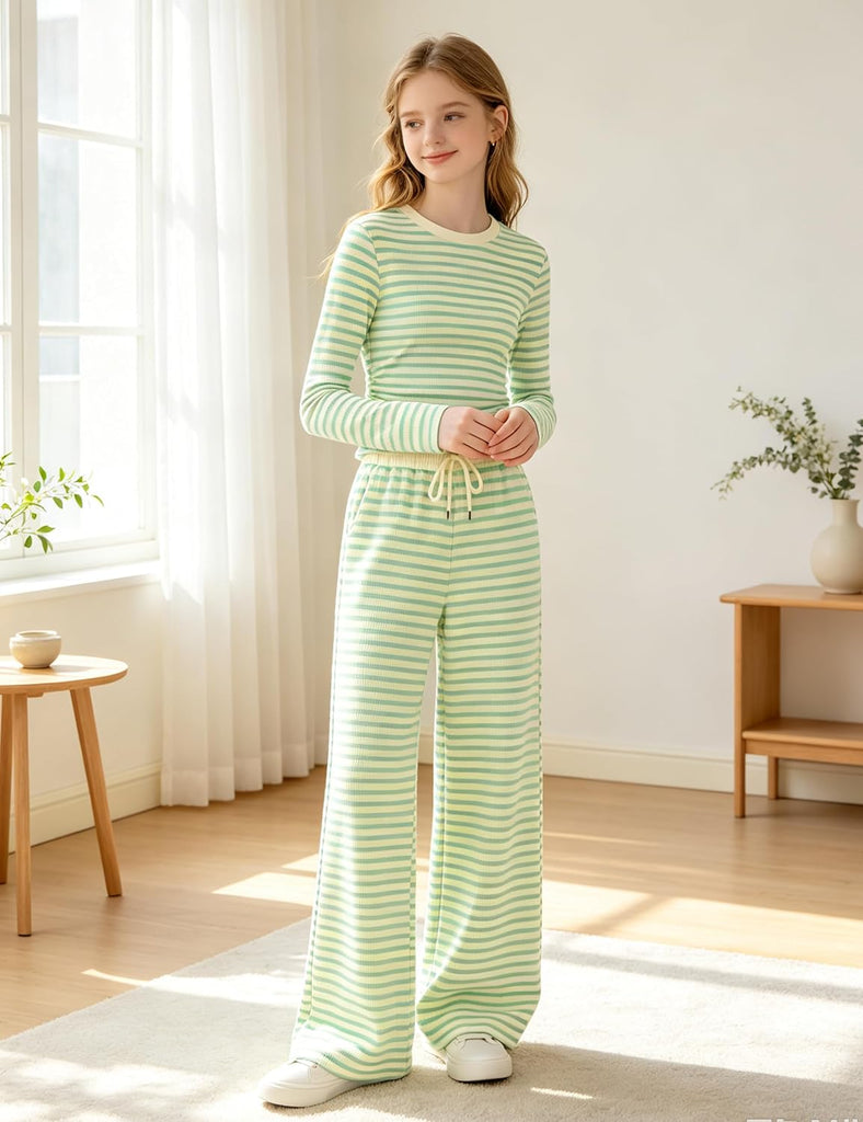 Girls Clothes 2 Piece Crew Neck Fitted Ruched Top High Waist Wide Leg Pants Fall Winter Girls Outfits