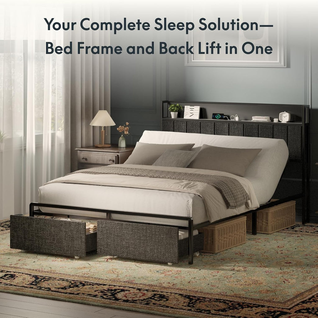 Queen Adjustable Bed with Storage Headboard and Charging