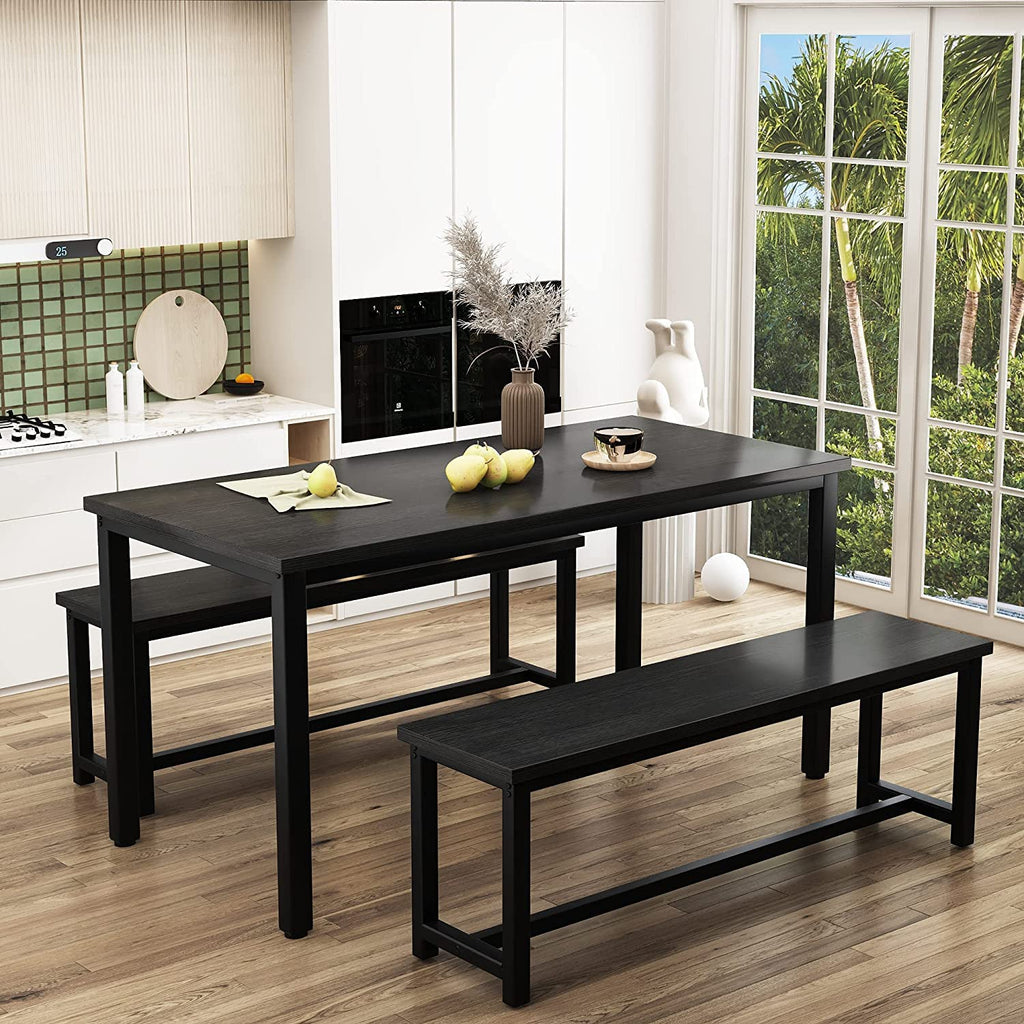 Dining Room Table Set with 2 Benches, Farmhouse Dining Table Set for 4-6, Wood Breakfast Table Set Dinner Table Set