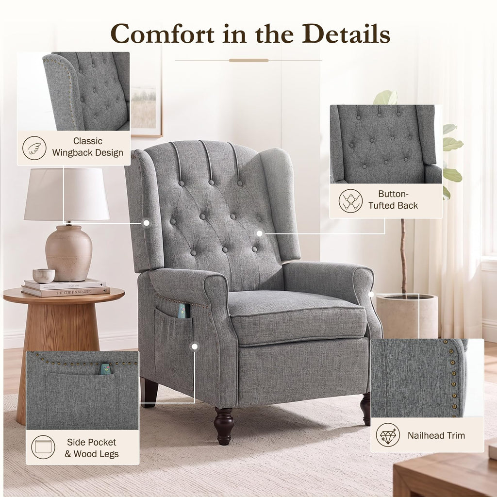 Wingback Recliner, Massage & Heat, Manual Push-Back, Light Gray