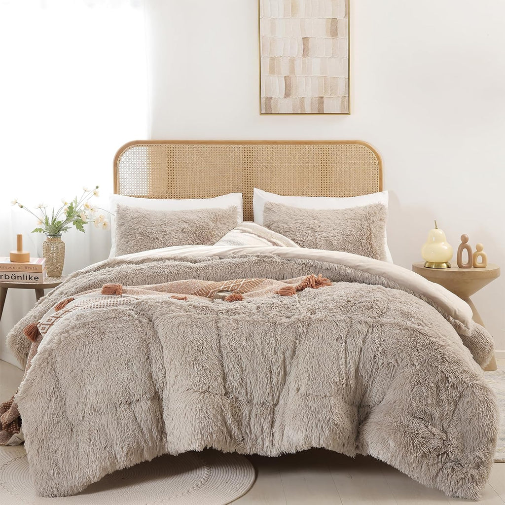 Fluffy King Size Comforter Set, Oatmeal Faux Fur Comforter Set 3 Pcs | Luxury Fuzzy King Bedding Set, Soft Plush Bed